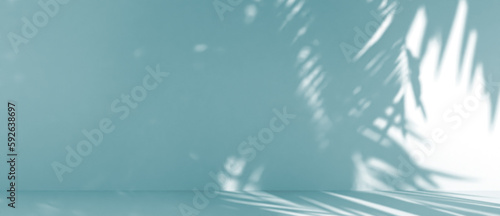 blurred shadow of palm leaves on a blue wall. Abstract minimal background for a product presentation. Summer and spring seasons, texture for a display