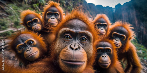 A Group Of Orangutan Taking Selfie Hyper Realistic Realism Style Generative Ai Digital Illustration Part#140423