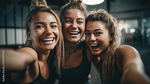 Three happy female friends enjoy laughing happily taking selfie in the gym. Generative AI