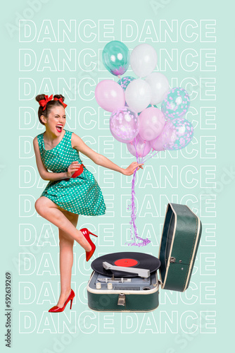 Vertical invitation collage dance party retro turntable vinyl player wear blue dress hold air balloons event isolated on cyan background