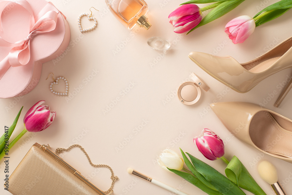 Elegant Mother's Day gift concept. Top view flat lay of high-heels, handbag, gift box, tulip flowers, lipstick, makeup brushes, and earrings on a pastel beige background with space for text or advert Elegant Mother's Day gift concept. Top view flat lay of high-heels, handbag, gift box, tulip flowers, lipstick, makeup brushes, and earrings on a pastel beige background with space for text or advert