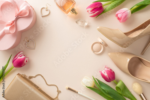 Elegant Mother's Day gift concept. Top view flat lay of high-heels, handbag, gift box, tulip flowers, lipstick, makeup brushes, and earrings on a pastel beige background with space for text or advert