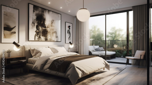 A virtual ambience of a condo bedroom. Generative AI. © Aiakos