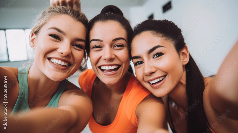 Three happy female friends enjoy laughing happily taking selfie in the gym. Generative AI