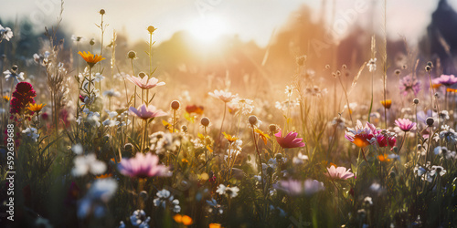 Meadow with spring flowers, misty atmosphere, bright sun shining, copy space, background for presentation - generative AI