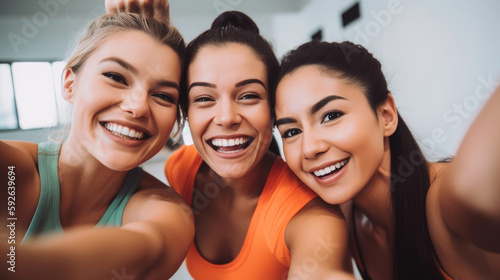 Three happy female friends enjoy laughing happily taking selfie in the gym. Generative AI