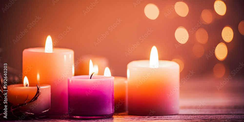 Candles on a soft focus background with copy space, burning lights, spa atmosphere, template for presentation - generative AI Candles on a soft focus background with copy space, burning lights, spa atmosphere, template for presentation - generative AI