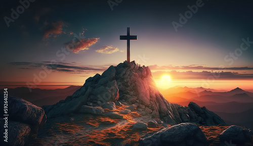 religious symbol of Christian faith cross crucifixion on top of a mountain at sunset. Generative AI illustration