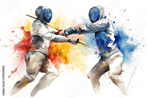Watercolor design of an olympic fencing fight - Generative AI