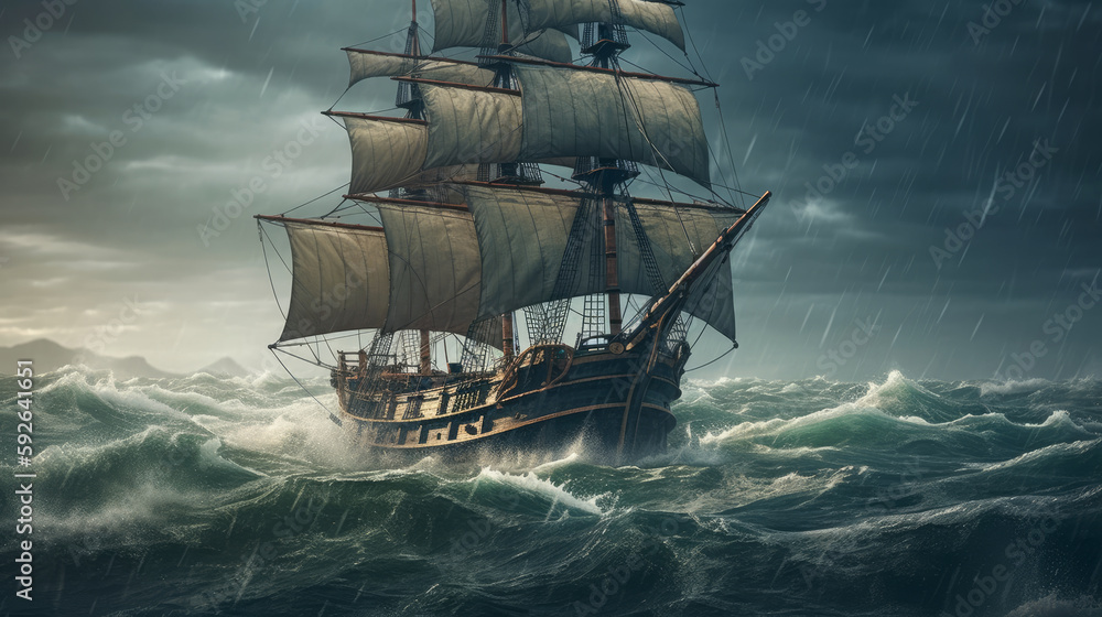 Fototapeta premium Paintings sea landscape. Fine art, old ship in the sea. AI generated