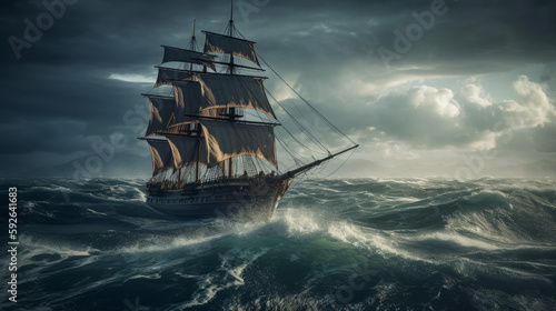 Fototapeta Naklejka Na Ścianę i Meble -  Paintings sea landscape. Fine art, old ship in the sea. AI generated