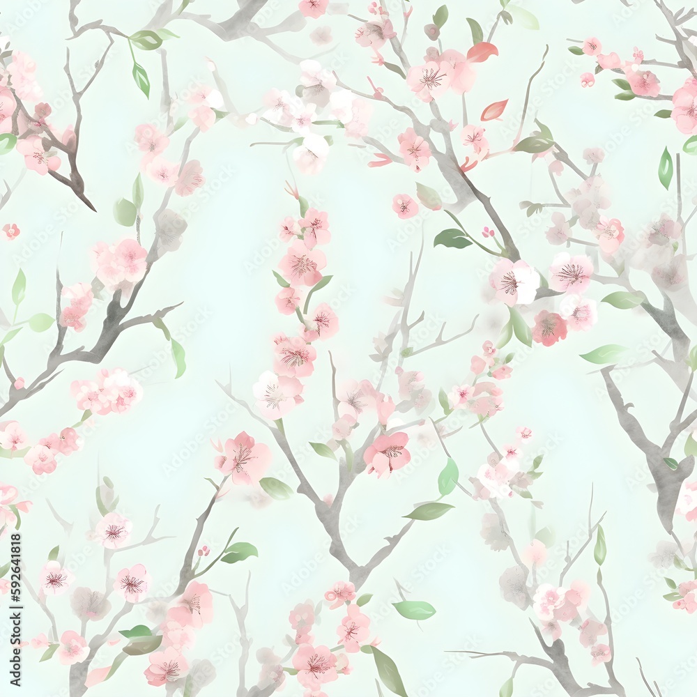 Embrace the elegance of this watercolor cherry blossoms seamless pattern, featuring delicate pink flowers and green leaves on flowing branches. Perfect for wedding invitations and textiles.