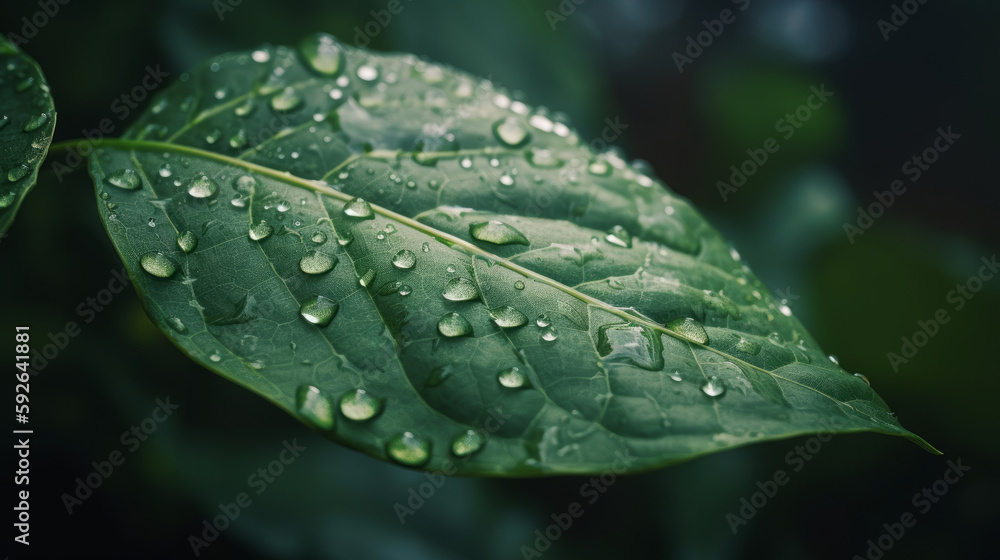 Close-up of a green leaf with raindrops realistic. Al generated Close-up of a green leaf with raindrops realistic. Al generated