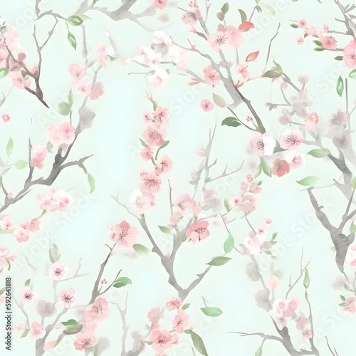 Embrace the elegance of this watercolor cherry blossoms seamless pattern, featuring delicate pink flowers and green leaves on flowing branches. Perfect for wedding invitations and textiles.