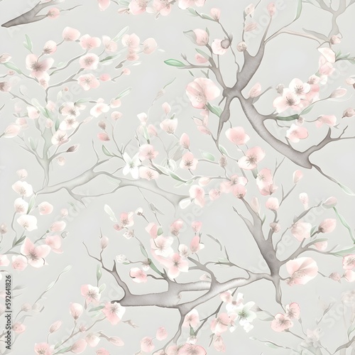 Embrace the elegance of this watercolor cherry blossoms seamless pattern, featuring delicate pink flowers and green leaves on flowing branches. Perfect for wedding invitations and textiles.