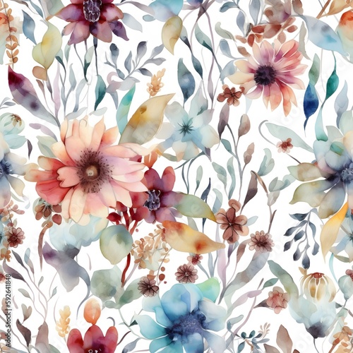 Rustic watercolor floral pattern with hand-painted flowers in earthy tones  entwined with vintage foliage. Perfect for cozy designs   countryside charm.