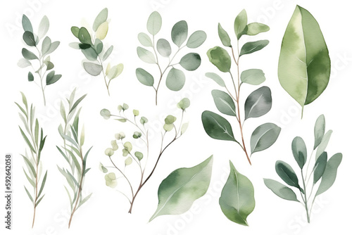 Watercolor floral bouquet branches with green blush leaves  for wedding invitations  greetings  wallpapers  fashion  prints. Eucalyptus  olive green leaves.