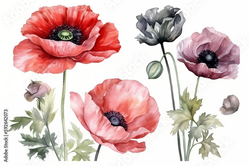 Watercolor floral bouquet poppy seed with green blush leaves, for wedding invitations, greetings, wallpapers, fashion, prints. flowers. AI Generated