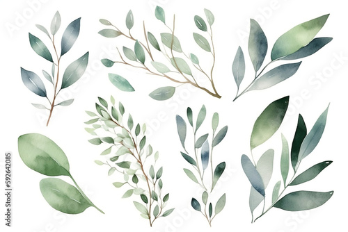 Watercolor floral bouquet branches with green blush leaves, for wedding invitations, greetings, wallpapers, fashion, prints. Eucalyptus, olive green leaves. photo