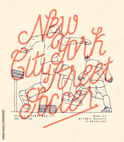 New York City street soccer. Football action on the stadium vintage typography silkscreen t-shirt print vector illustration.