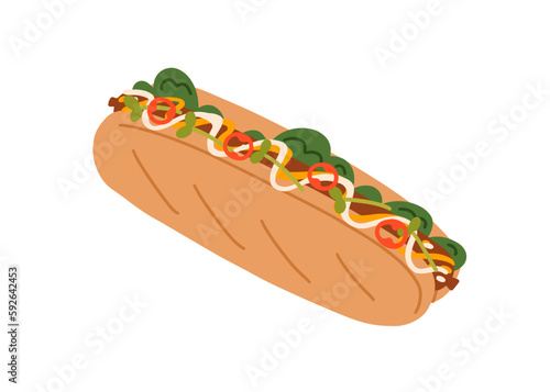 Hot-dog, american sandwich with meat sausage and vegetables between long buns...