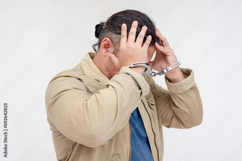 A stressed man in handcuffs laments his wrongdoings. Under arrest and detained for a suspected crime. Isolated on a white background. A stressed man in handcuffs laments his wrongdoings. Under arrest and detained for a suspected crime. Isolated on a white background.