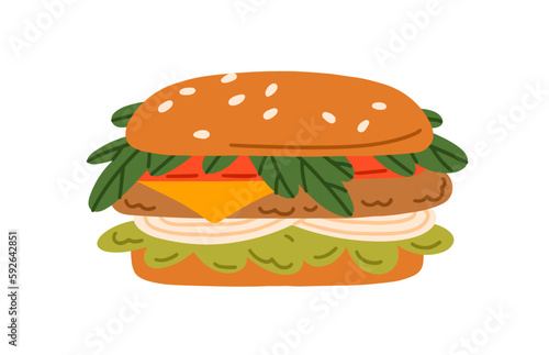 Burger, fast food with meat cutlet, vegetables filling between buns. American snack, hamburger sandwich with cheese, lettuce, beef, onion. Flat vector illustration isolated on white background
