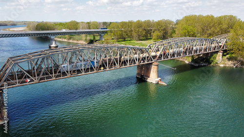 Aerial view of metal railway bridge