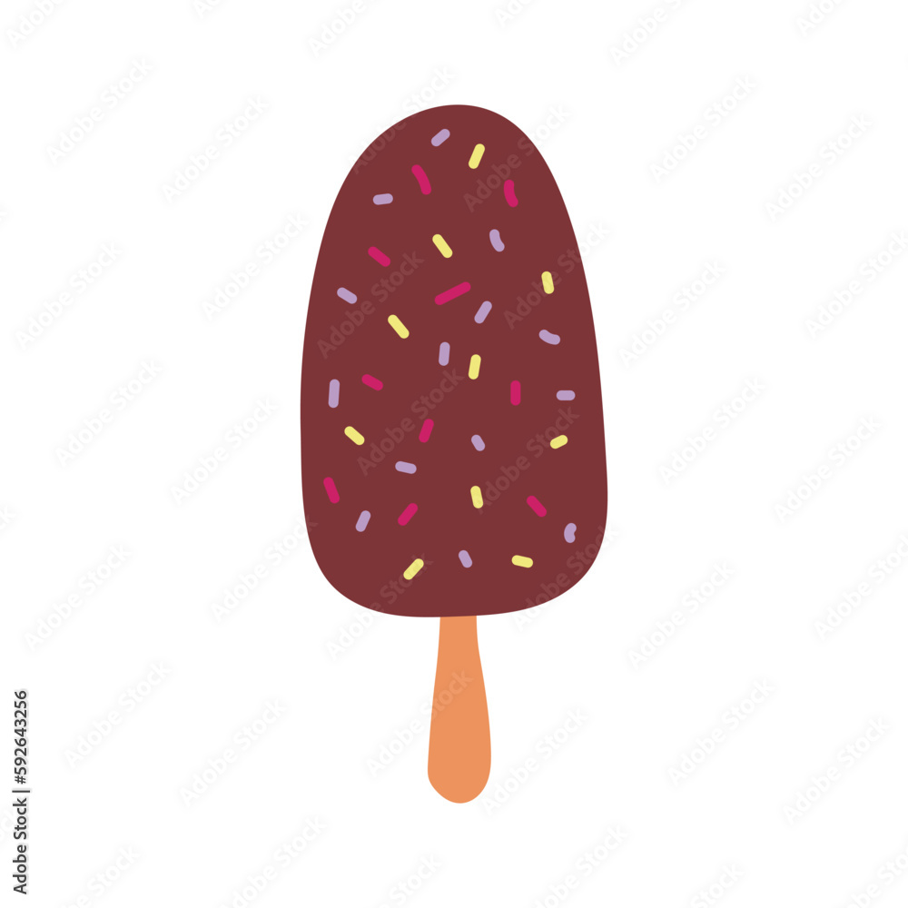 Chocolate covered ice cream bar hand drawn illustration. Cartoon style flat design, isolated vector. Summer food, seasonal print, menu element, holidays, vacations, beach, pool party, gelato