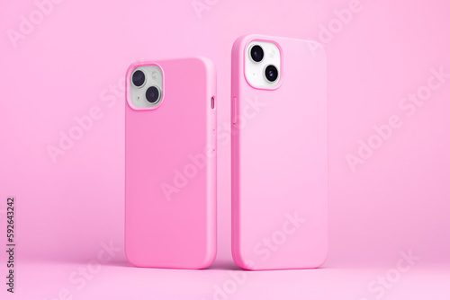 set of two iPhone 15 and 14 Plus or iPhone 13 and 13 mini in pink cases back side view isolated on pink background, monochrome colours phone case mock up