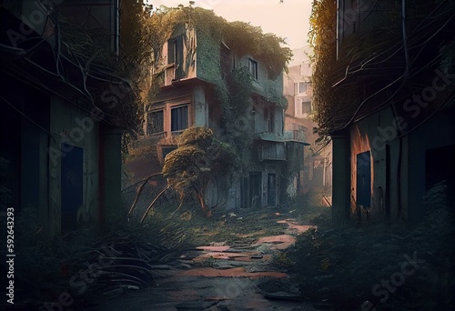 Eerie  abandoned cities or towns  An old  decaying city  with empty streets  boarded-up buildings  and overgrown greenery. Generative AI