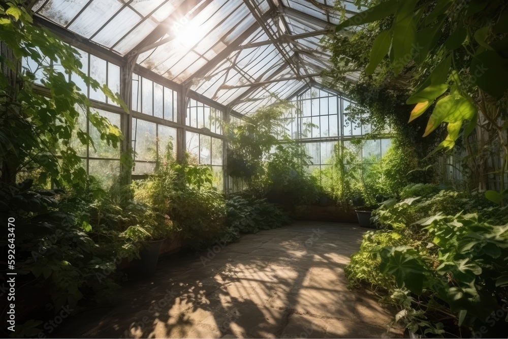 Inside large old abandoned greenhouse with plants. Generative AI
