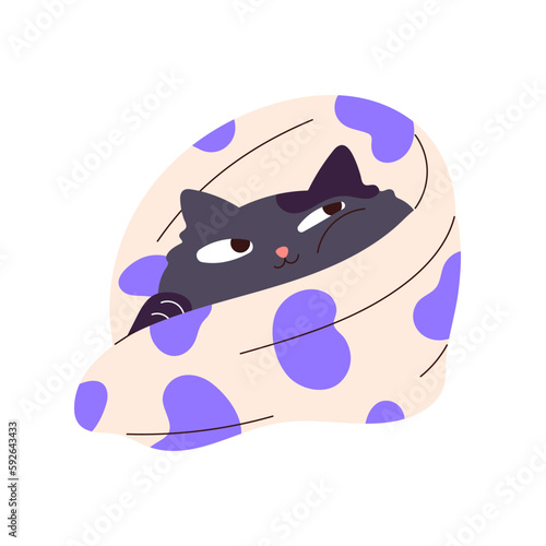 Cute cat, funny feline animals head peeping from blanket. Amusing kitty wrapped in duvet. Nice charming kitten with playful naughty cunning look. Flat vector illustration isolated on white background