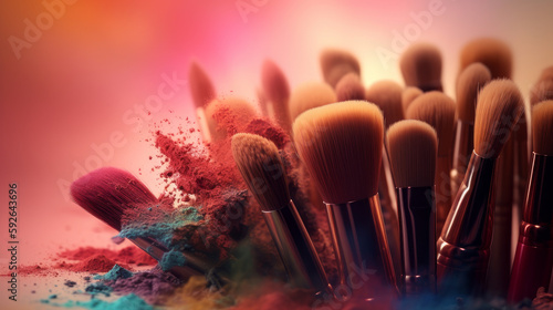 Colorful make-up brushes on pink powder background. Al generated