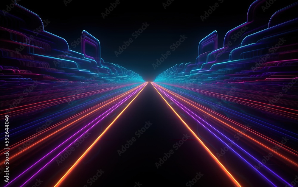 3d rendering neon lines glowing in the dark. Abstract minimalist geometric background. Ultraviolet color spectrum. Futuristic city buildings, cyberspace, matrix. 