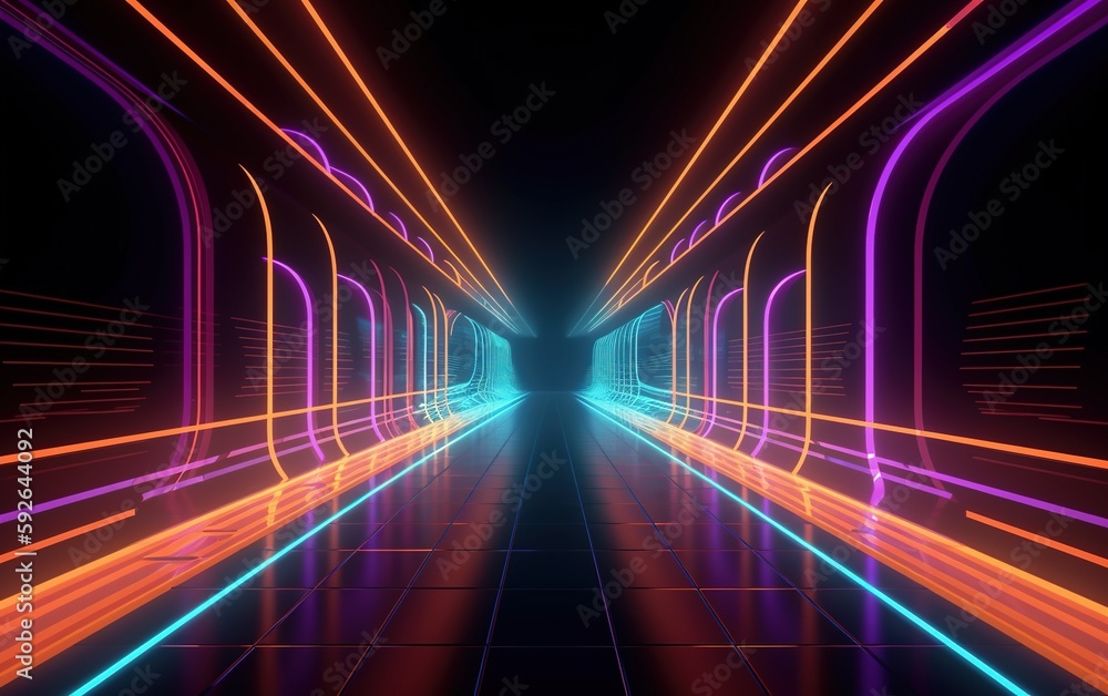 3d rendering neon lines glowing in the dark. Abstract minimalist geometric background. Ultraviolet color spectrum. Futuristic city buildings, cyberspace, matrix. 