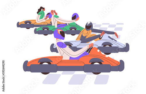 Racers, drivers in cars, road carts start in competition. Kart racing, extreme auto sport. Friends at gokarts, road track entertainment. Flat graphic vector illustration isolated on white background