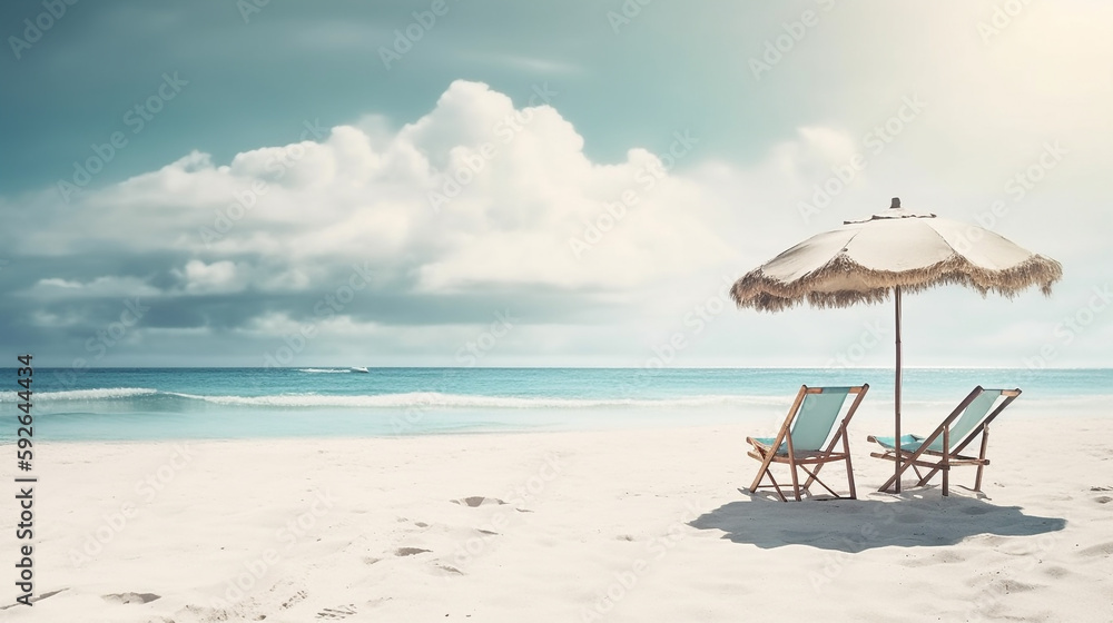The Perfect Summer Getaway: White Sand, Chairs, and Umbrella on a Caribbean Beach with Copyspace. Ai Generated Art. Summer holiday vibes. Travelling the globe. Copyspace.
