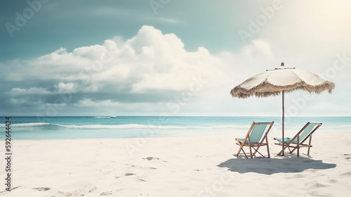 The Perfect Summer Getaway  White Sand  Chairs  and Umbrella on a Caribbean Beach with Copyspace. Ai Generated Art. Summer holiday vibes. Travelling the globe. Copyspace.