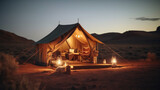 The Ultimate Camping Experience: Luxury Glamping with Copyspace for Your Own Text. Ai Generated Art. Luxurious travel Glamping Images Lots of Copyspace.