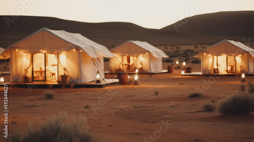 A Camping Experience Like No Other: Luxury Glamping with Copyspace. Ai Generated Art. Luxurious travel Glamping Images Lots of Copyspace.