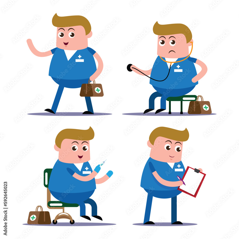 emotion cute vector, illustration flat cartoon character set of doctor working.