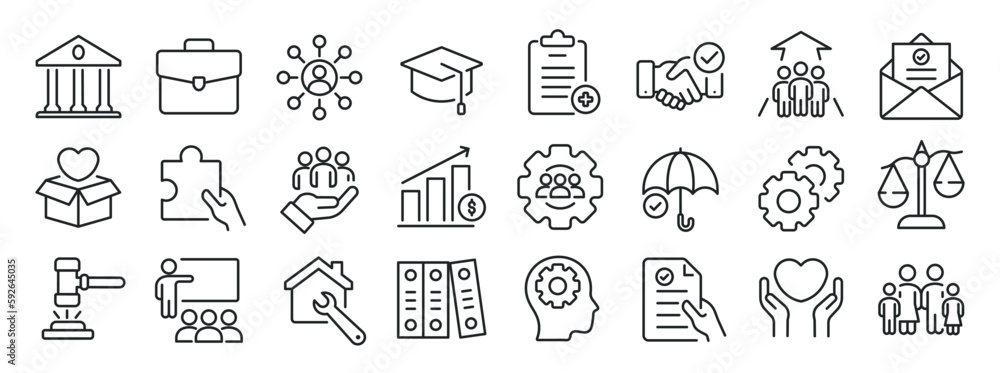 Social policy thin line icons. Editable stroke. For website marketing design, logo, app, template, ui, etc. Vector illustration. Social policy thin line icons. Editable stroke. For website marketing design, logo, app, template, ui, etc. Vector illustration.