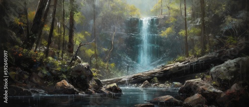 Tranquil cascading misty waterfall with crystal clear flowing stream, mossy rocks and cliffs with lush vegetation and pristine woodland trees, calming and serene nature getaway - Generative AI 