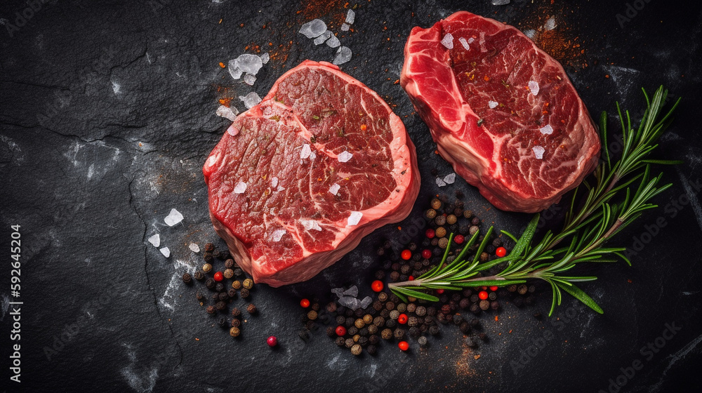 A Delicious Display: A Raw Steak on a Dark Stone Background with Copyspace for Your Text. Ai generated Art. Food Concept Art with lots of Copyspace for your Food Art. Delicous Delight.