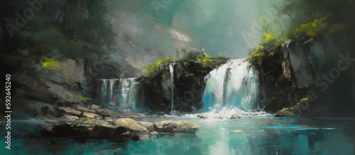 Tranquil cascading misty waterfall with crystal clear flowing stream, mossy rocks and cliffs with lush vegetation and pristine woodland trees, calming and serene nature getaway - Generative AI © SoulMyst