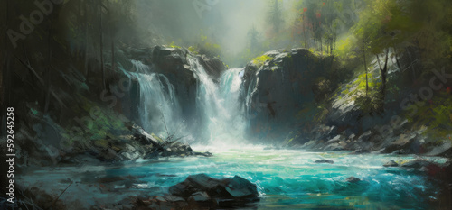 Tranquil cascading misty waterfall with crystal clear flowing stream, mossy rocks and cliffs with lush vegetation and pristine woodland trees, calming and serene nature getaway - Generative AI 