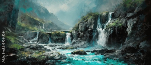 Tranquil cascading misty waterfall with crystal clear flowing stream, mossy rocks and cliffs with lush vegetation and pristine woodland trees, calming and serene nature getaway - Generative AI 