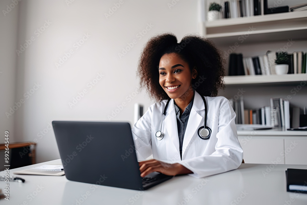 Black woman doctor consultate patient dia internet, using laptop. Medicine concept. Online treatment. Medical electronic, internet app, medicine technology, zoom event. Generated AI Black woman doctor consultate patient dia internet, using laptop. Medicine concept. Online treatment. Medical electronic, internet app, medicine technology, zoom event. Generated AI