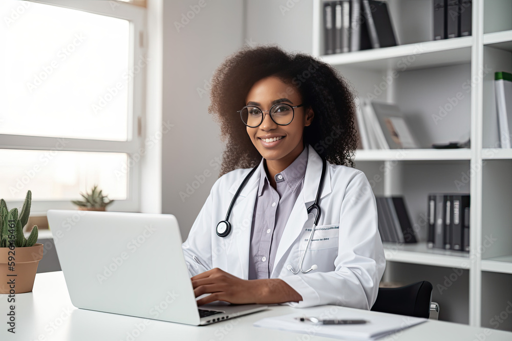 Black woman doctor consultate patient dia internet, using laptop. Medicine concept. Online treatment. Medical electronic, internet app, medicine technology, zoom event. Generated AI Black woman doctor consultate patient dia internet, using laptop. Medicine concept. Online treatment. Medical electronic, internet app, medicine technology, zoom event. Generated AI